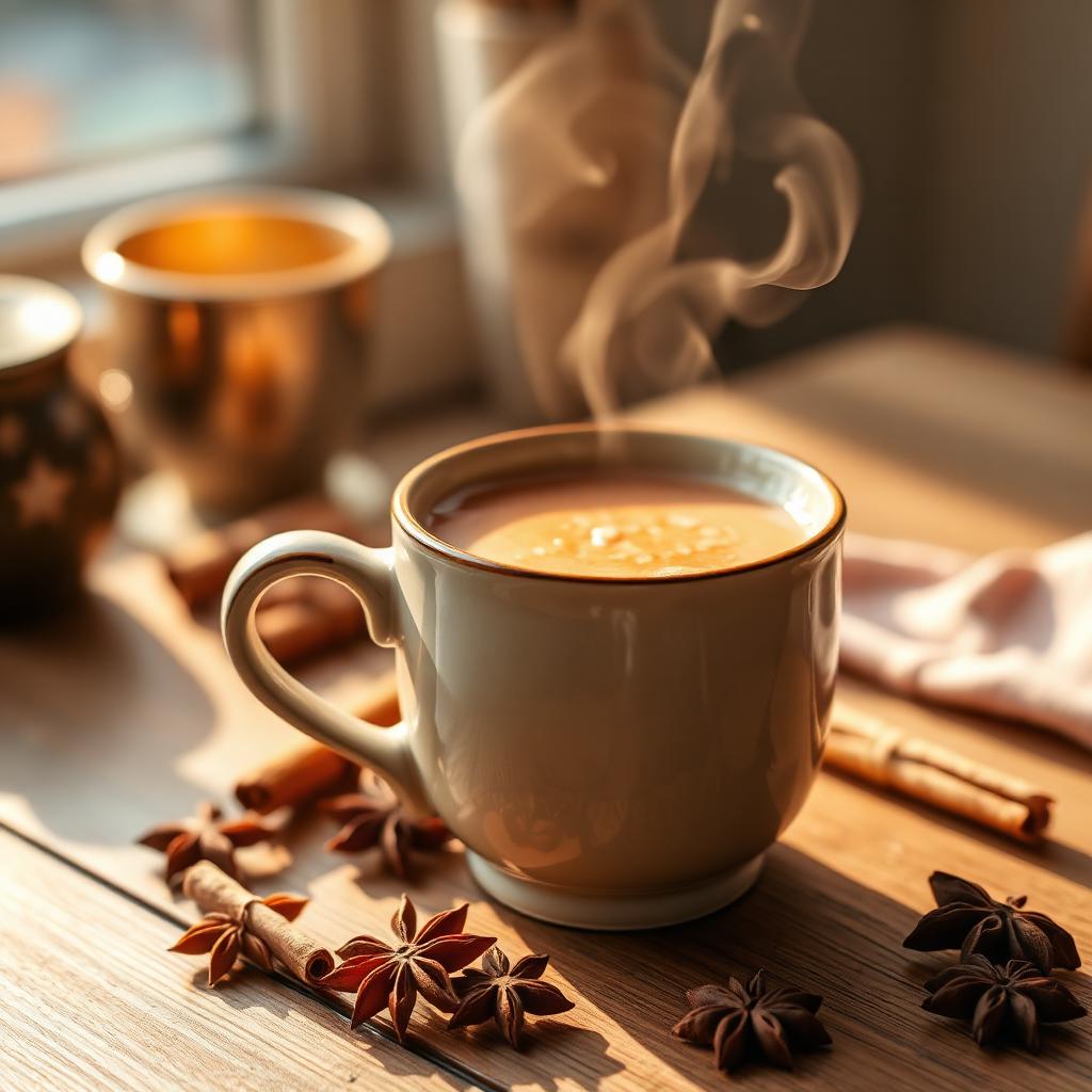 Taza de chai caliente con especias