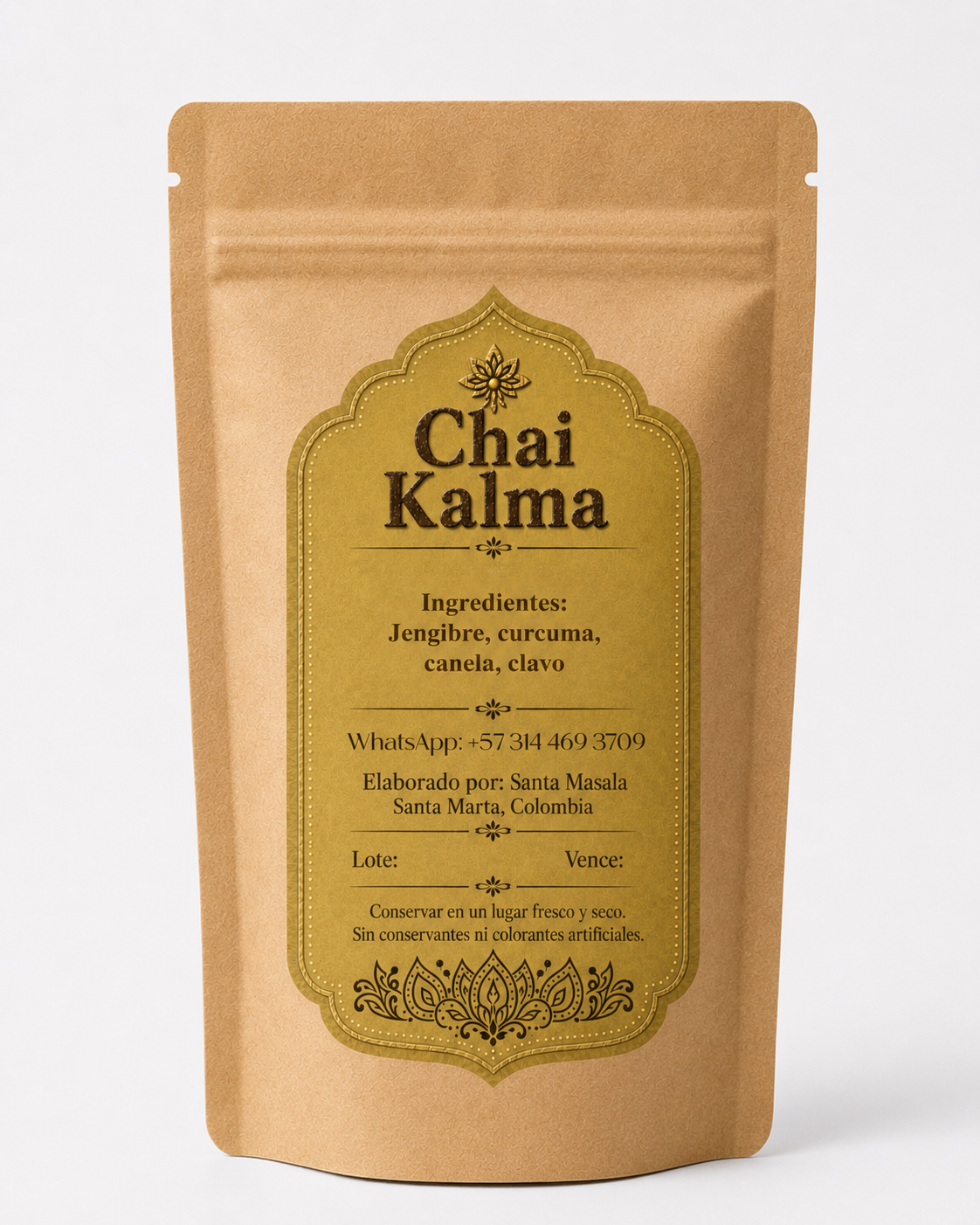 Chai Kalma — empaque posterior con ingredientes