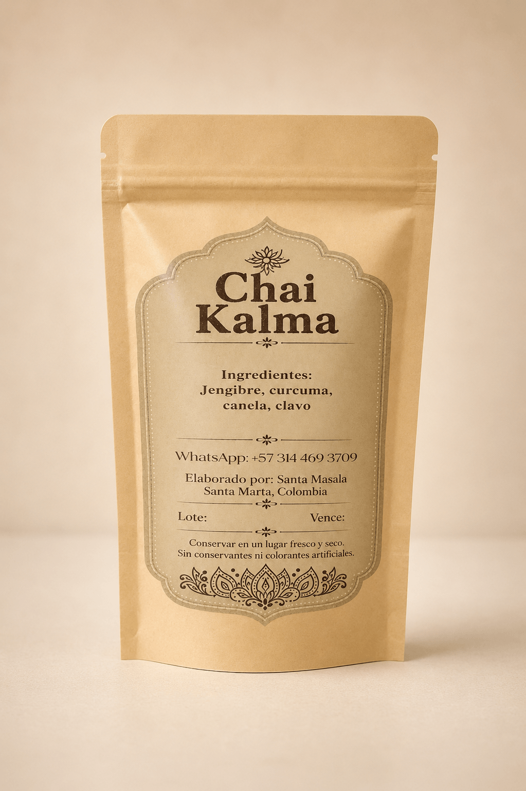 Chai Kalma — empaque posterior con ingredientes